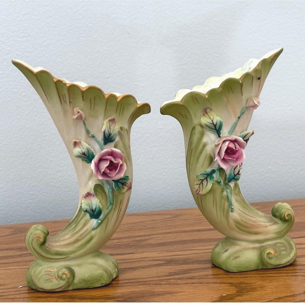 Lefton China‎ Hand Painted Cornucopia Vase Pair 7174 Pink Rose Vintage Japan